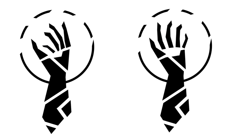 two fragmented black hands reaching upwards